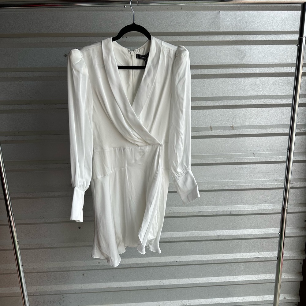 BCBG White Embellished Wrap Dress with Bishop Sleeves